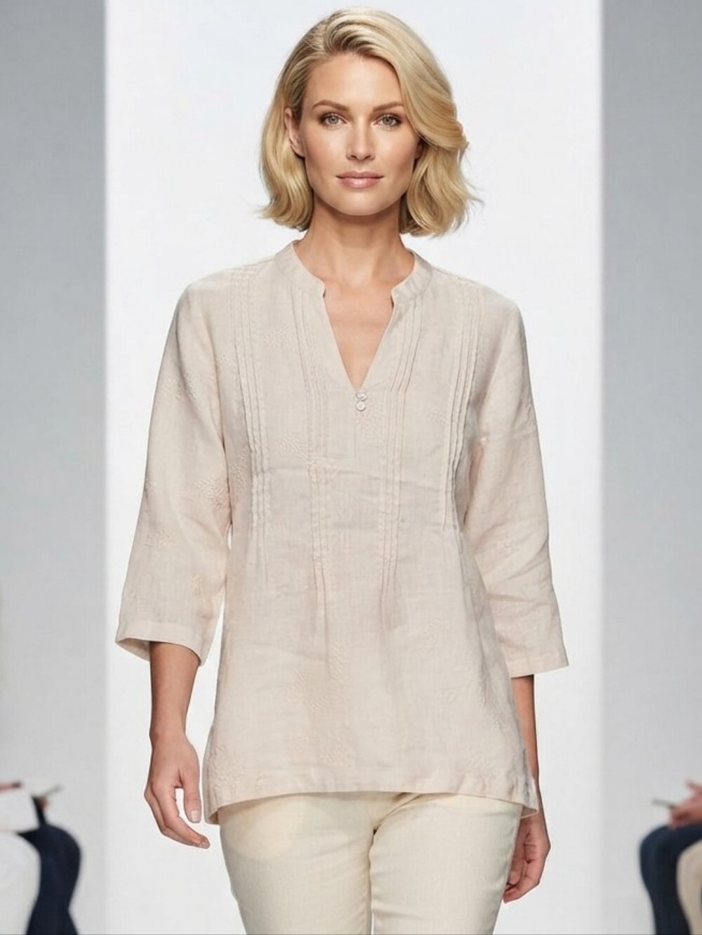 Sympli 100% Linen V-Neck Embroidered Top 3/4 Sleeve Light Neutral XXL
